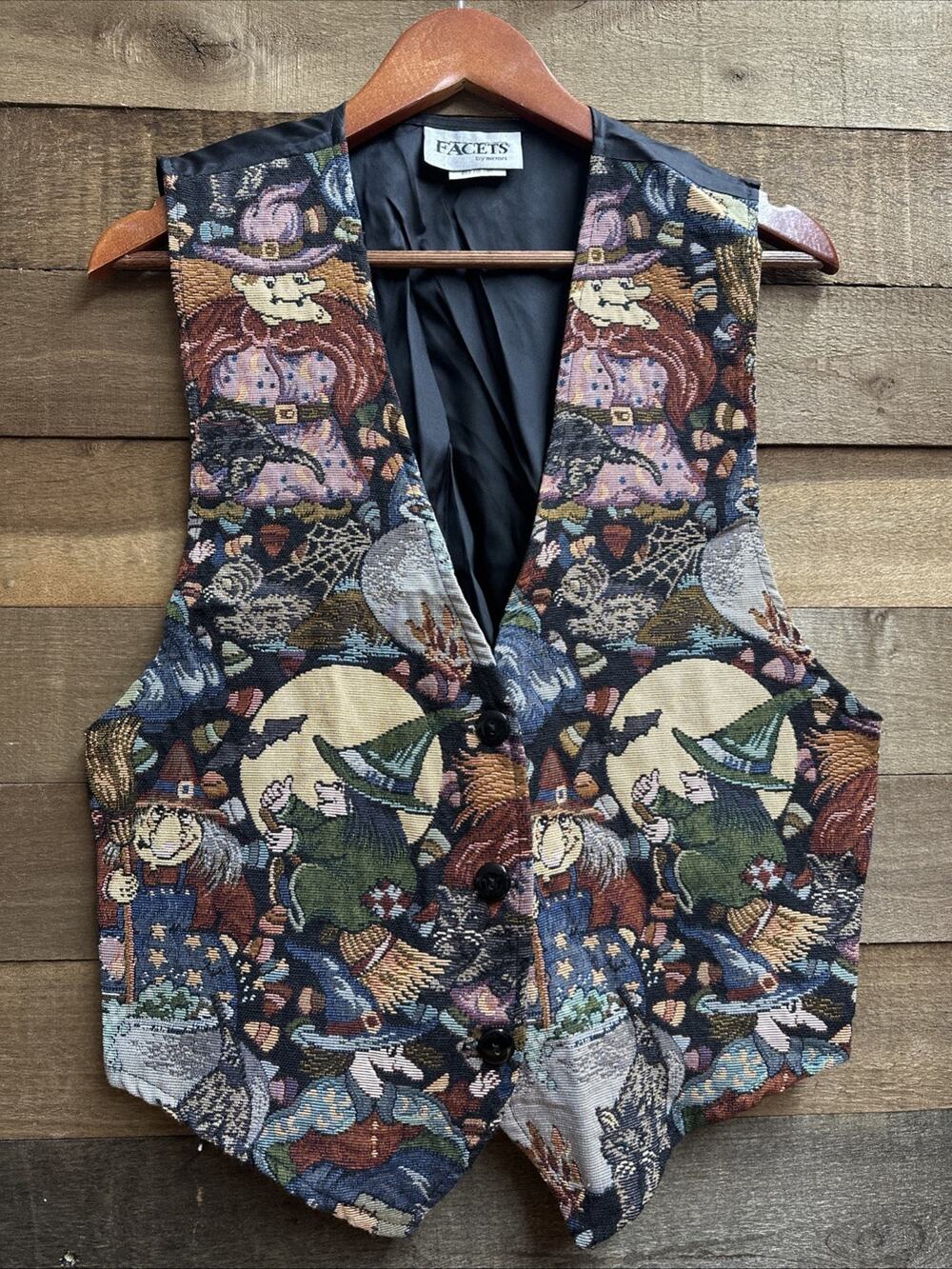 Vintage 90s Facets By Mirrors Womens Halloween Witch Tapestry Button Vest L